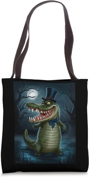 Crocodile In Top Hat And Bow Tie In Moonlit Spooky Swamp Tote Bag