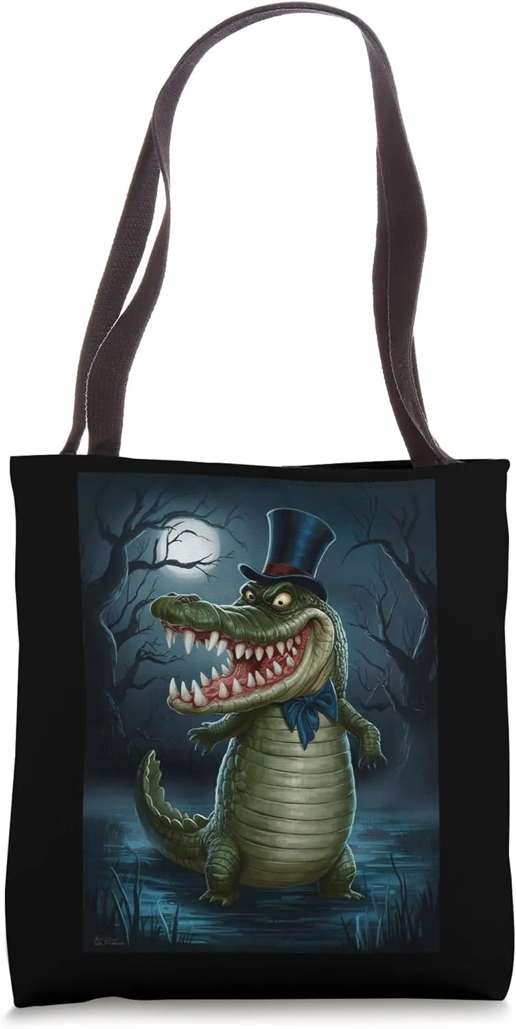 Crocodile In Top Hat And Bow Tie In Moonlit Spooky Swamp Tote Bag