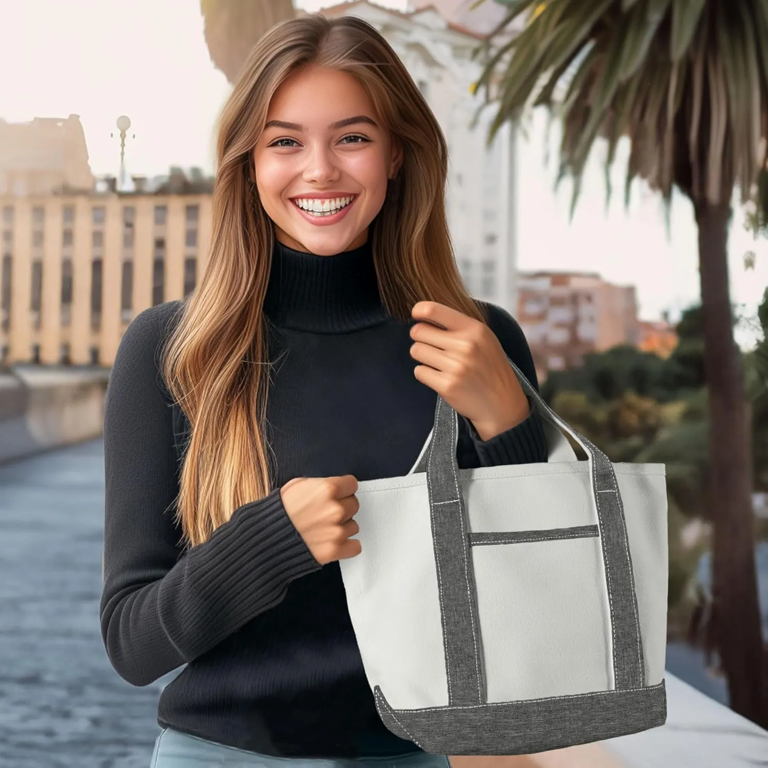 DALIX 14" Mini Small Cotton Canvas Party Favor Wedding Gift Tote Bag in Gray White