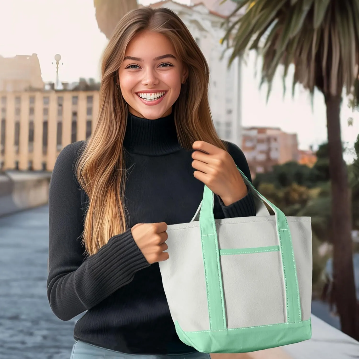 DALIX 14" Mini Small Cotton Canvas Party Favor Wedding Gift Tote Bag in Mint Green