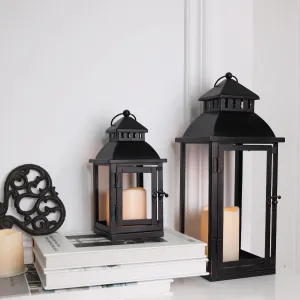 DECORKEY LED Lanterns Decorative Outdoor&Indoor, Set of 2 (17’’&11’’) Large Black Metal Lantern Decor, Candle Holder for Porch, Patio, Garden, Balcony, Wedding Decorations (Black / 17'' 11'')