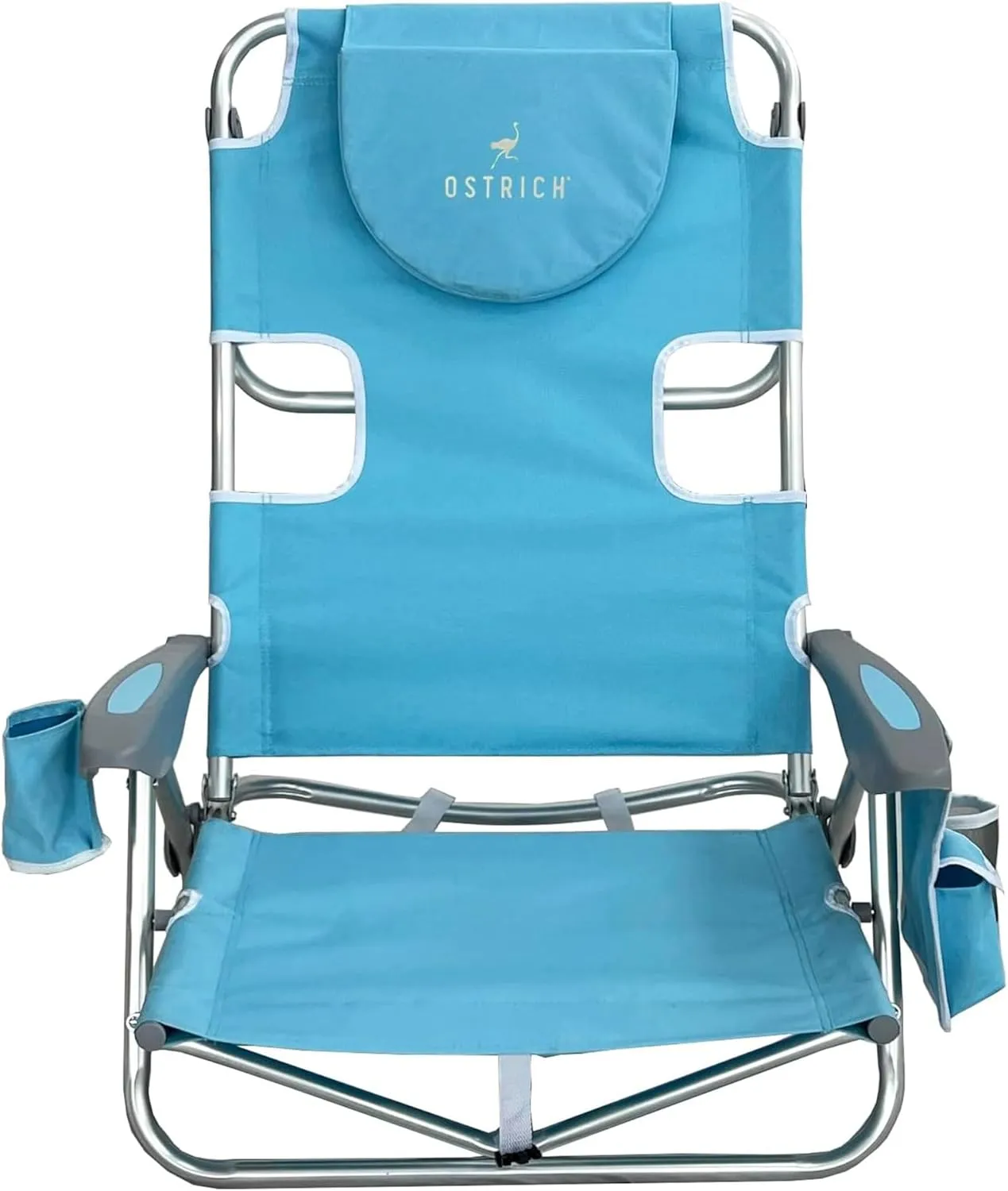 Deltess Ostrich Deluxe On Your Back Aluminum Chair and Cooler Bag, Carry Straps, Umbrella Carry System, Cup Holder, and 275 Pound Capacity, Light Blue