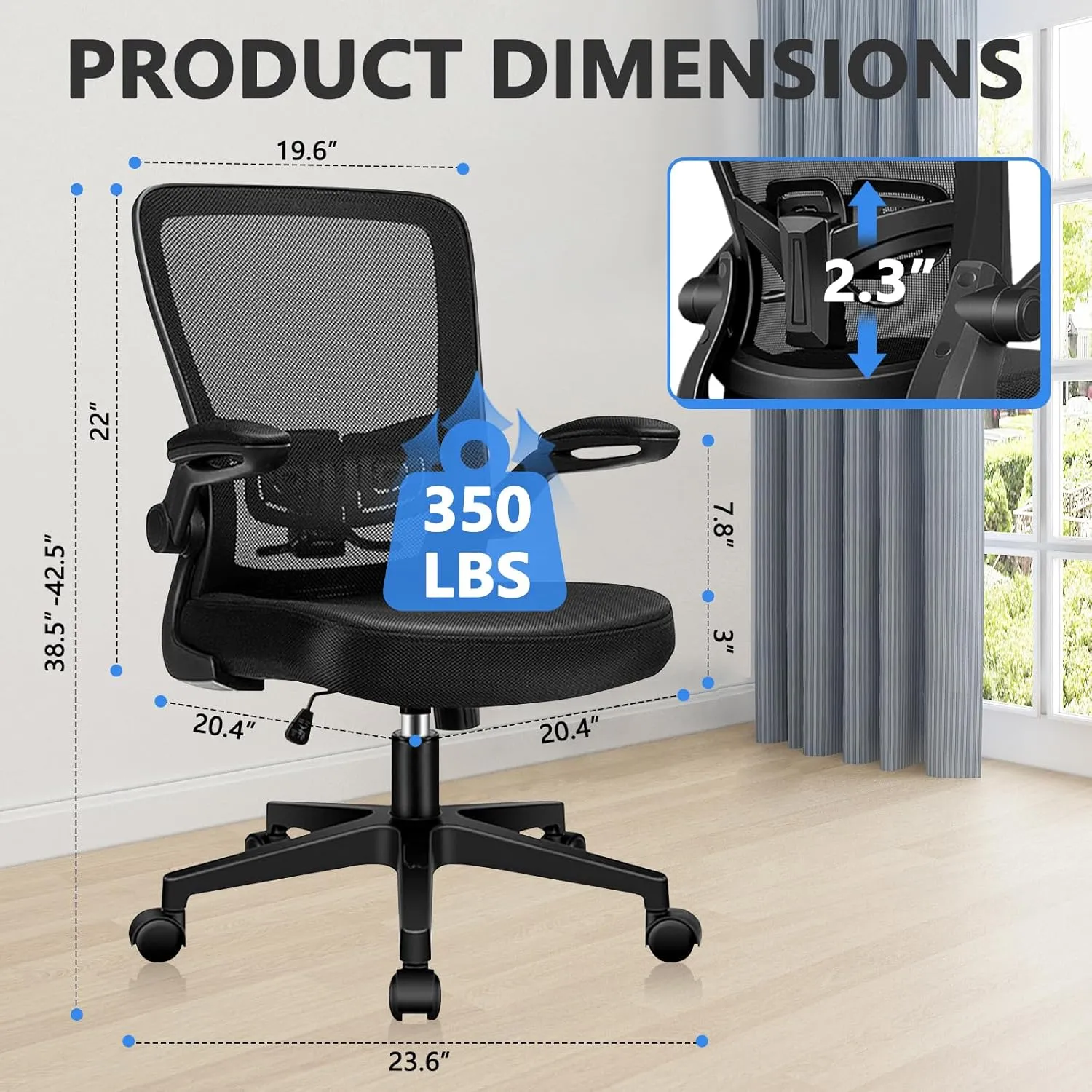 Desk Chairs with Wheels, Ergonomic Mesh Office Chair Adjustable Height and Swivel Lumbar Support Home Office Chair with Flip Up Armrests, Set of 2