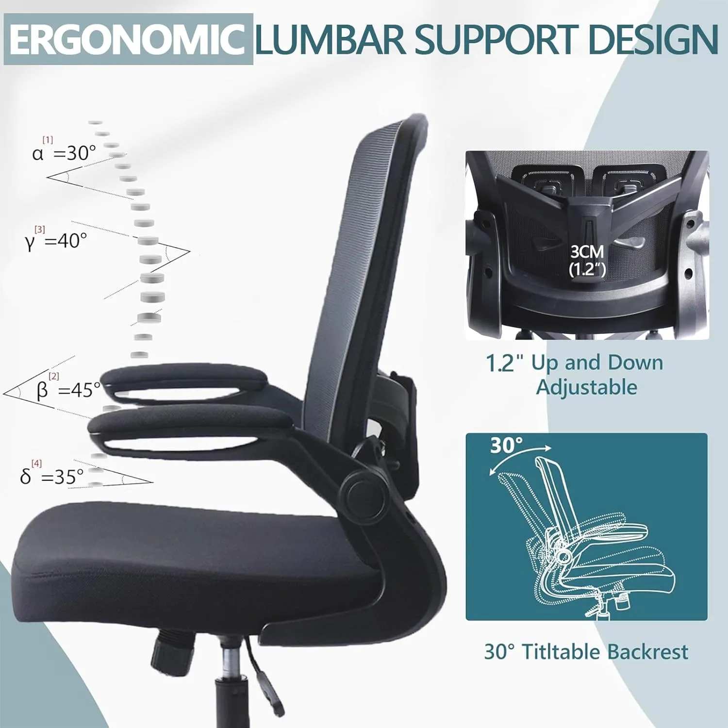 Desk Chairs with Wheels, Ergonomic Mesh Office Chair Adjustable Height and Swivel Lumbar Support Home Office Chair with Flip Up Armrests, Set of 2