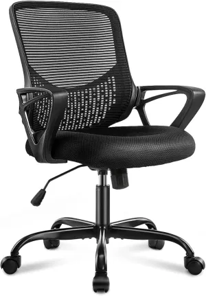 Desk Computer Chair with Wheels Ergonomic Home Office Chair with Lumbar Support and Fixed Armrests, Mid Back Mesh Chair Rolling Swivel Chair，Black