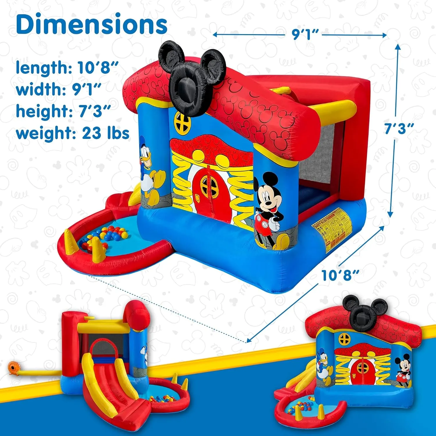 Disney Mickey Mouse Bounce House with Slide, Indoor Outdoor Inflatable Bouncy Castle Funhouse Ball Pit Plus Heavy Duty Air Blower