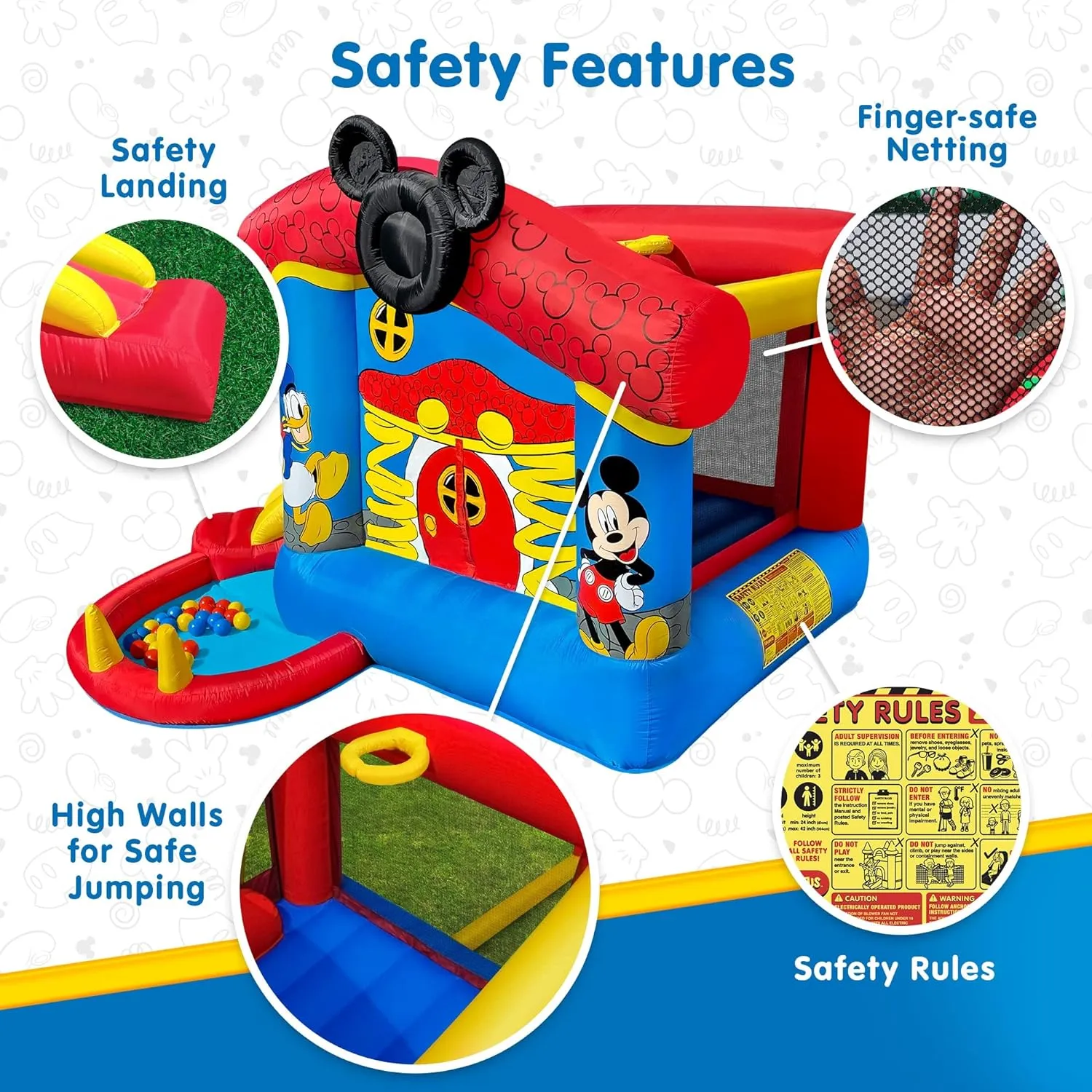 Disney Mickey Mouse Bounce House with Slide, Indoor Outdoor Inflatable Bouncy Castle Funhouse Ball Pit Plus Heavy Duty Air Blower
