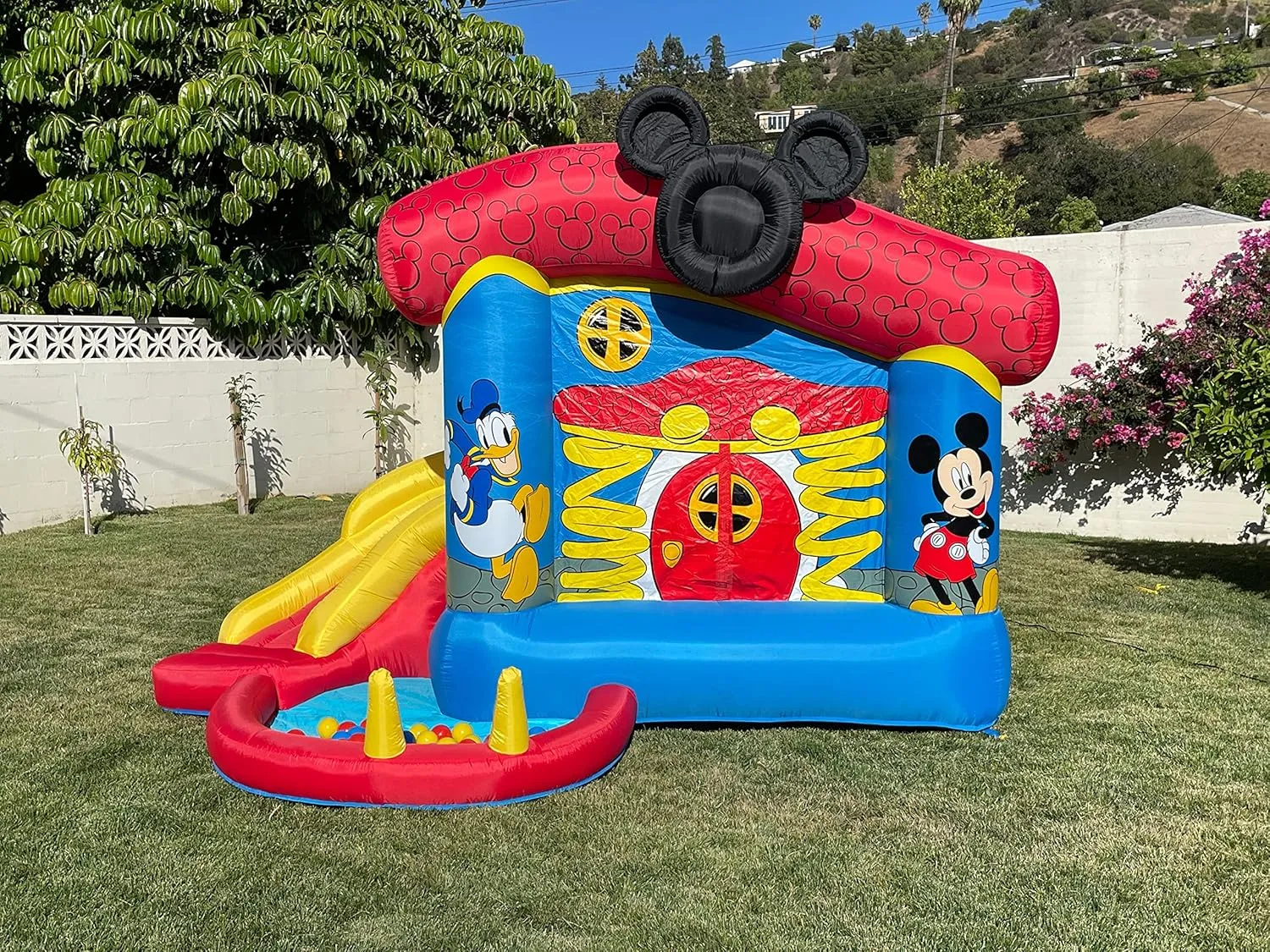 Disney Mickey Mouse Bounce House with Slide, Indoor Outdoor Inflatable Bouncy Castle Funhouse Ball Pit Plus Heavy Duty Air Blower