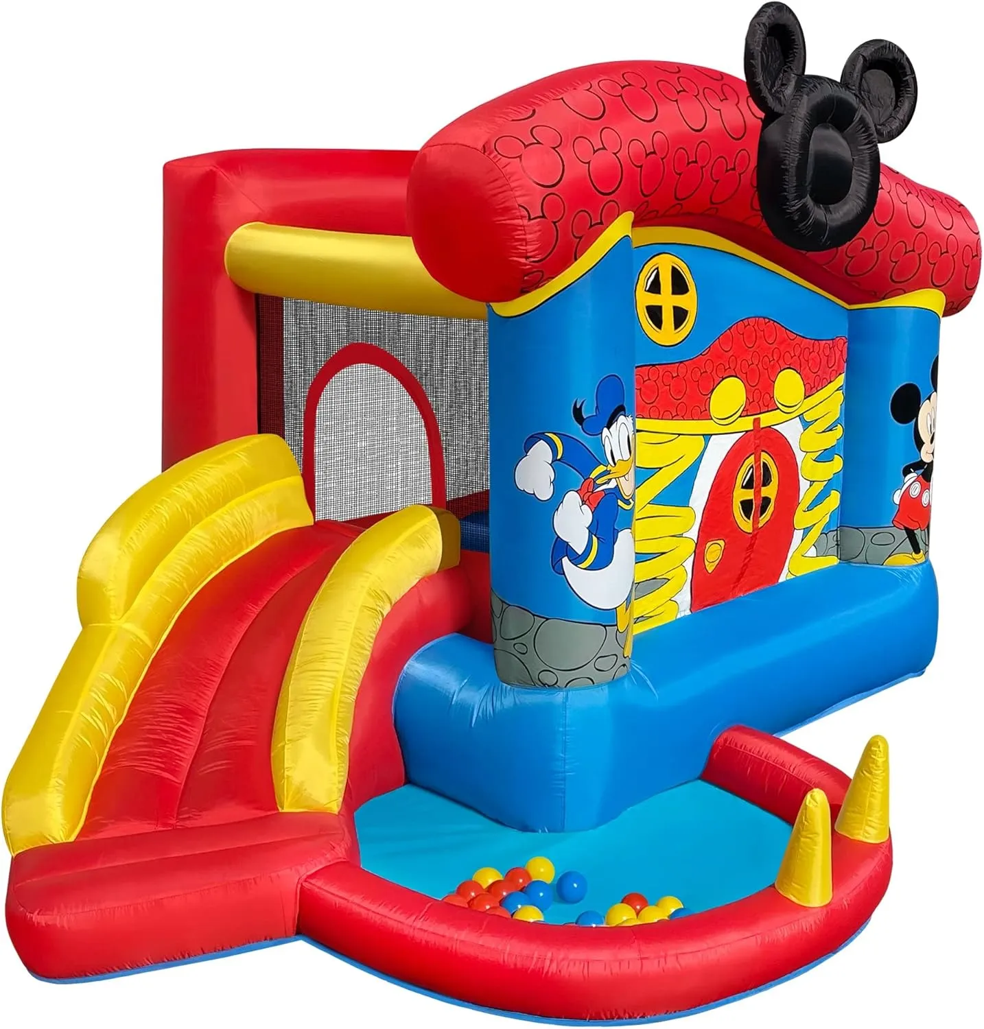 Disney Mickey Mouse Bounce House with Slide, Indoor Outdoor Inflatable Bouncy Castle Funhouse Ball Pit Plus Heavy Duty Air Blower
