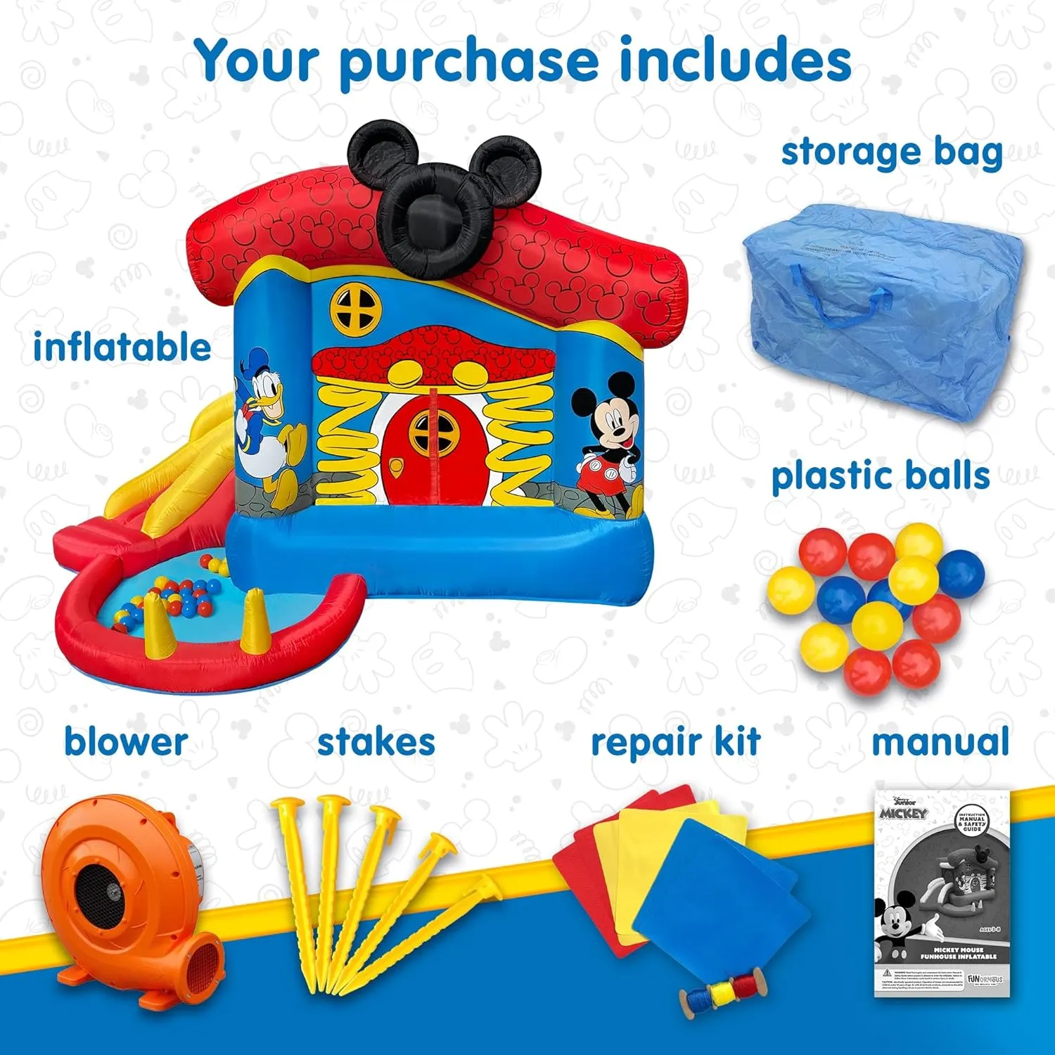 Disney Mickey Mouse Bounce House with Slide, Indoor Outdoor Inflatable Bouncy Castle Funhouse Ball Pit Plus Heavy Duty Air Blower