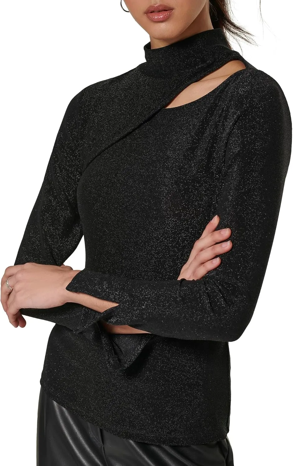 DKNY Women's Mock Neck Cutout Detail Knit Top
