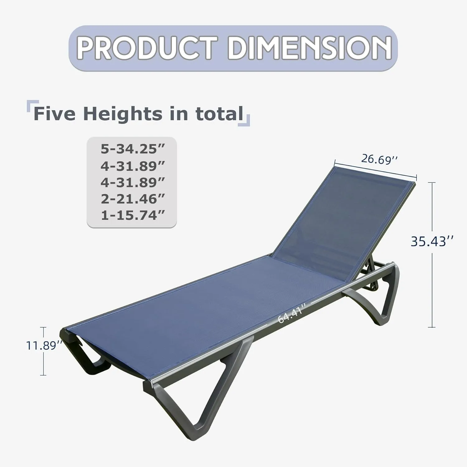 Domi Patio Lounge Chairs Set of 2, Aluminum Pool Chaise Lounge with 5 Position Adjustable Backrest and Wheels, Outdoor Lounge Chairs for Pool, Garden, Beach, Backyard, Navy Blue