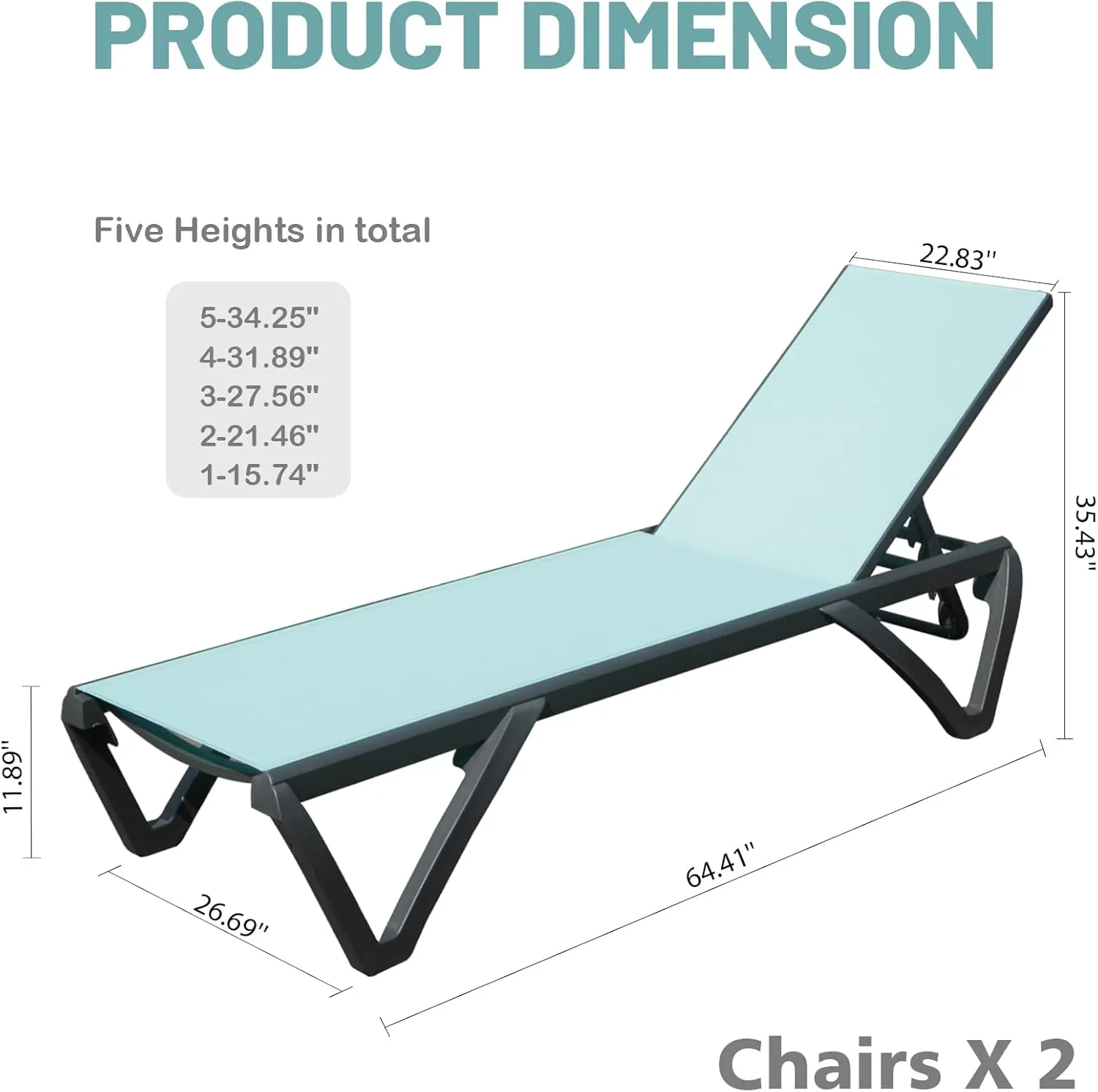 Domi Patio Lounge Chairs Set of 2, Aluminum Pool Chaise Lounge with 5 Position Adjustable Backrest and Wheels, Outdoor Lounge Chairs for Pool, Garden, Beach, Backyard, Turquoise Blue
