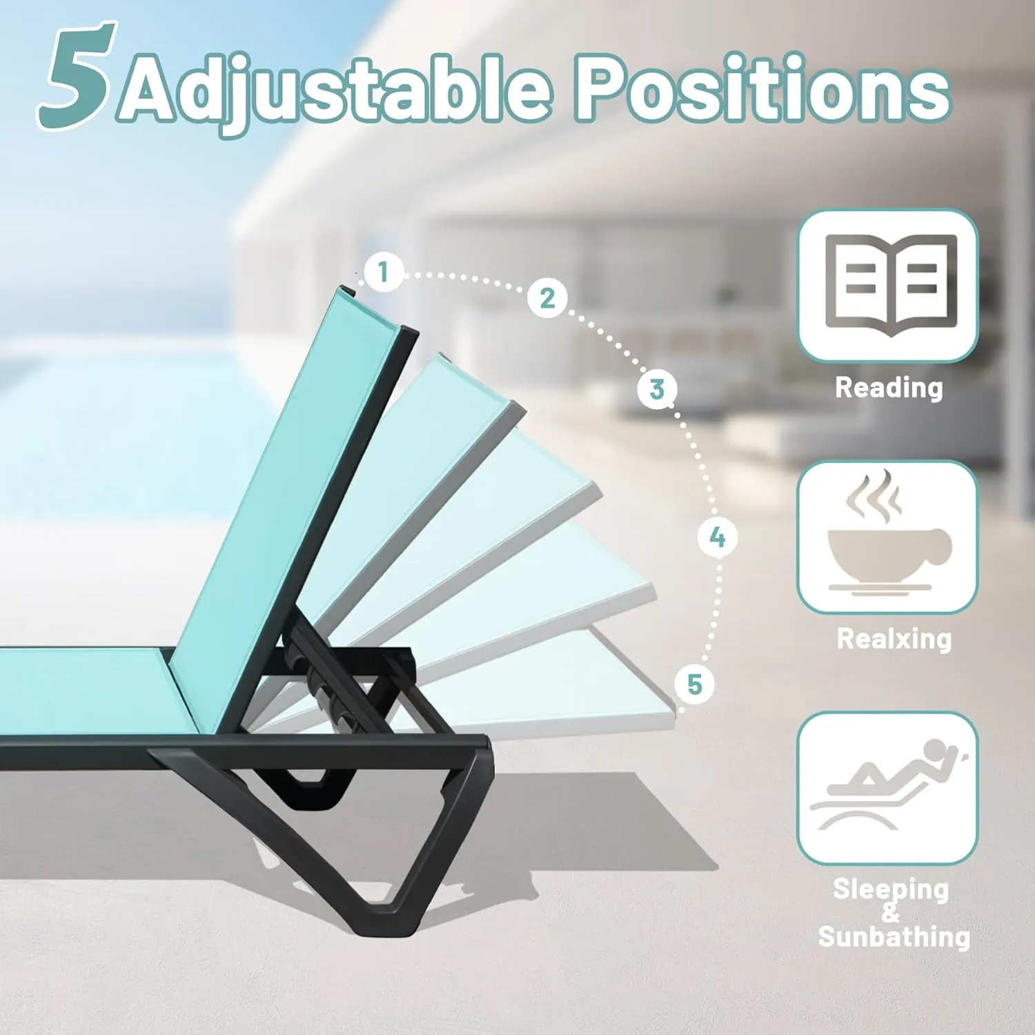 Domi Patio Lounge Chairs Set of 2, Aluminum Pool Chaise Lounge with 5 Position Adjustable Backrest and Wheels, Outdoor Lounge Chairs for Pool, Garden, Beach, Backyard, Turquoise Blue