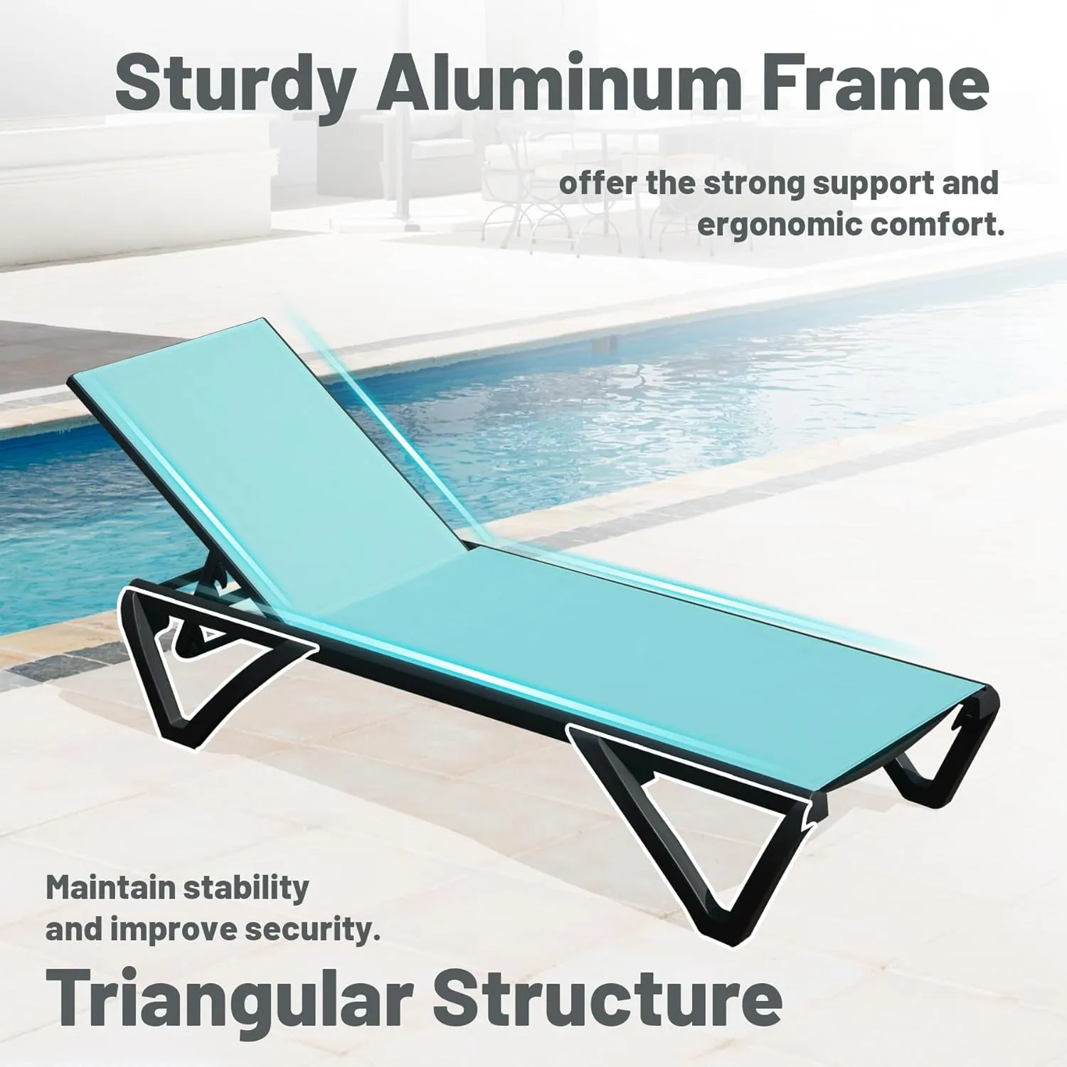 Domi Patio Lounge Chairs Set of 2, Aluminum Pool Chaise Lounge with 5 Position Adjustable Backrest and Wheels, Outdoor Lounge Chairs for Pool, Garden, Beach, Backyard, Turquoise Blue
