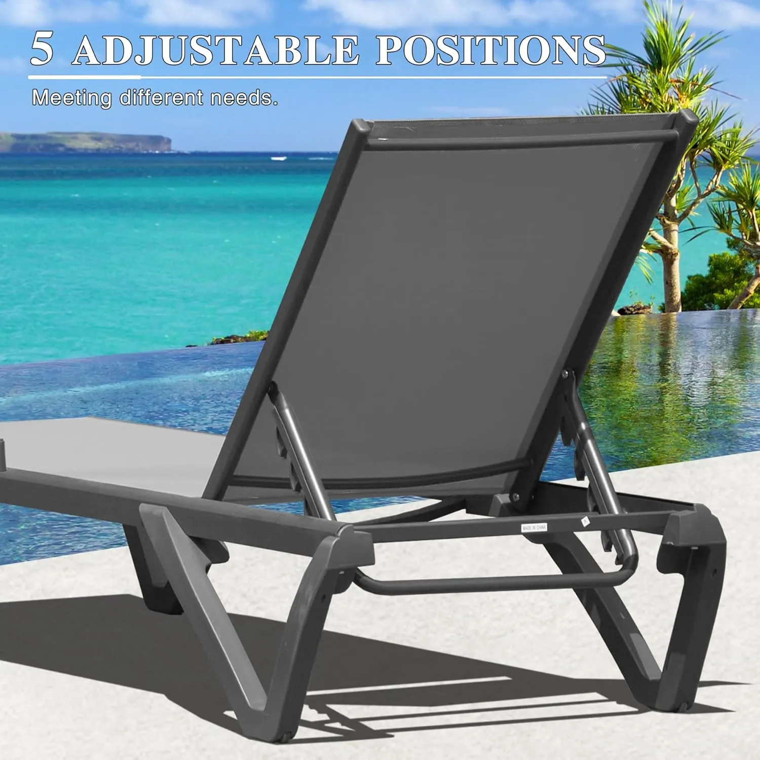 Domi Pool Lounge Chairs Set of 2, Aluminum Adjustable Outdoor Chaise Lounge with Wheels, All Weather Poolside Chairs for Deck Lawn Patio Backyard, Textilene - Gray