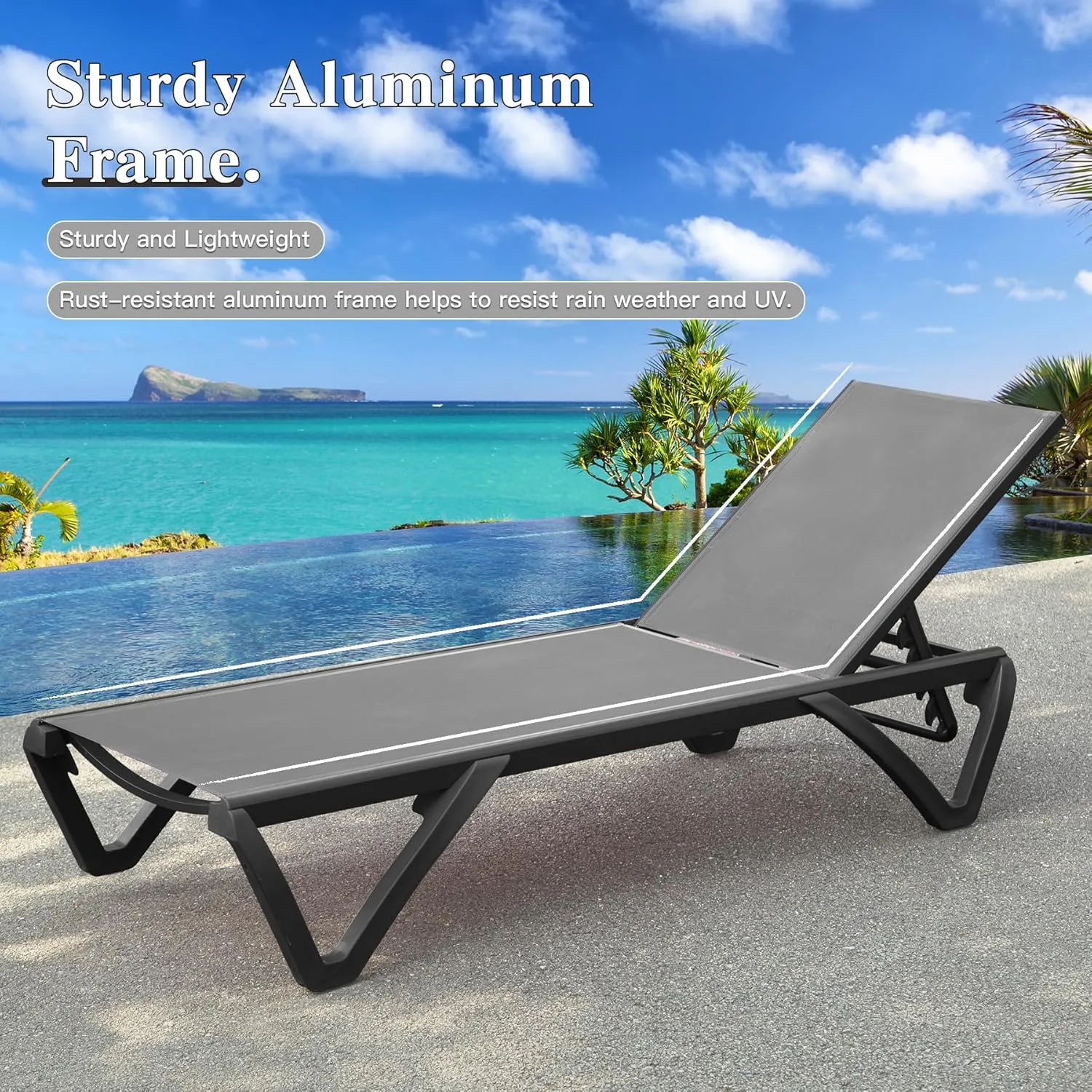 Domi Pool Lounge Chairs Set of 2, Aluminum Adjustable Outdoor Chaise Lounge with Wheels, All Weather Poolside Chairs for Deck Lawn Patio Backyard, Textilene - Gray