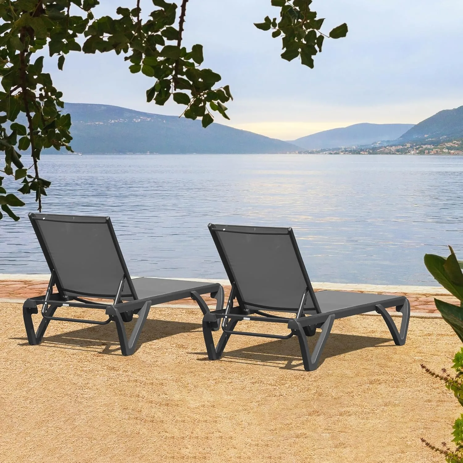 Domi Pool Lounge Chairs Set of 2, Aluminum Adjustable Outdoor Chaise Lounge with Wheels, All Weather Poolside Chairs for Deck Lawn Patio Backyard, Textilene - Gray