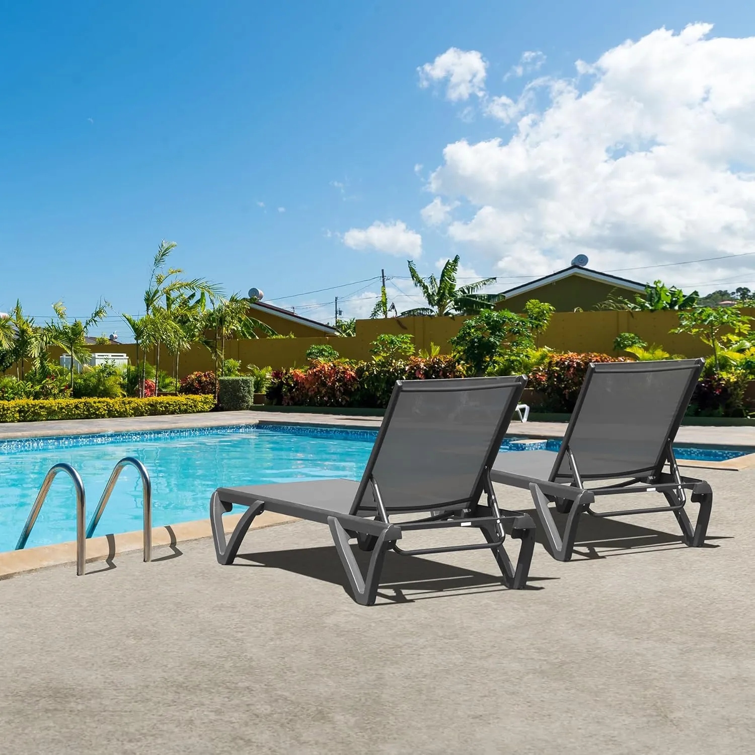 Domi Pool Lounge Chairs Set of 2, Aluminum Adjustable Outdoor Chaise Lounge with Wheels, All Weather Poolside Chairs for Deck Lawn Patio Backyard, Textilene - Gray