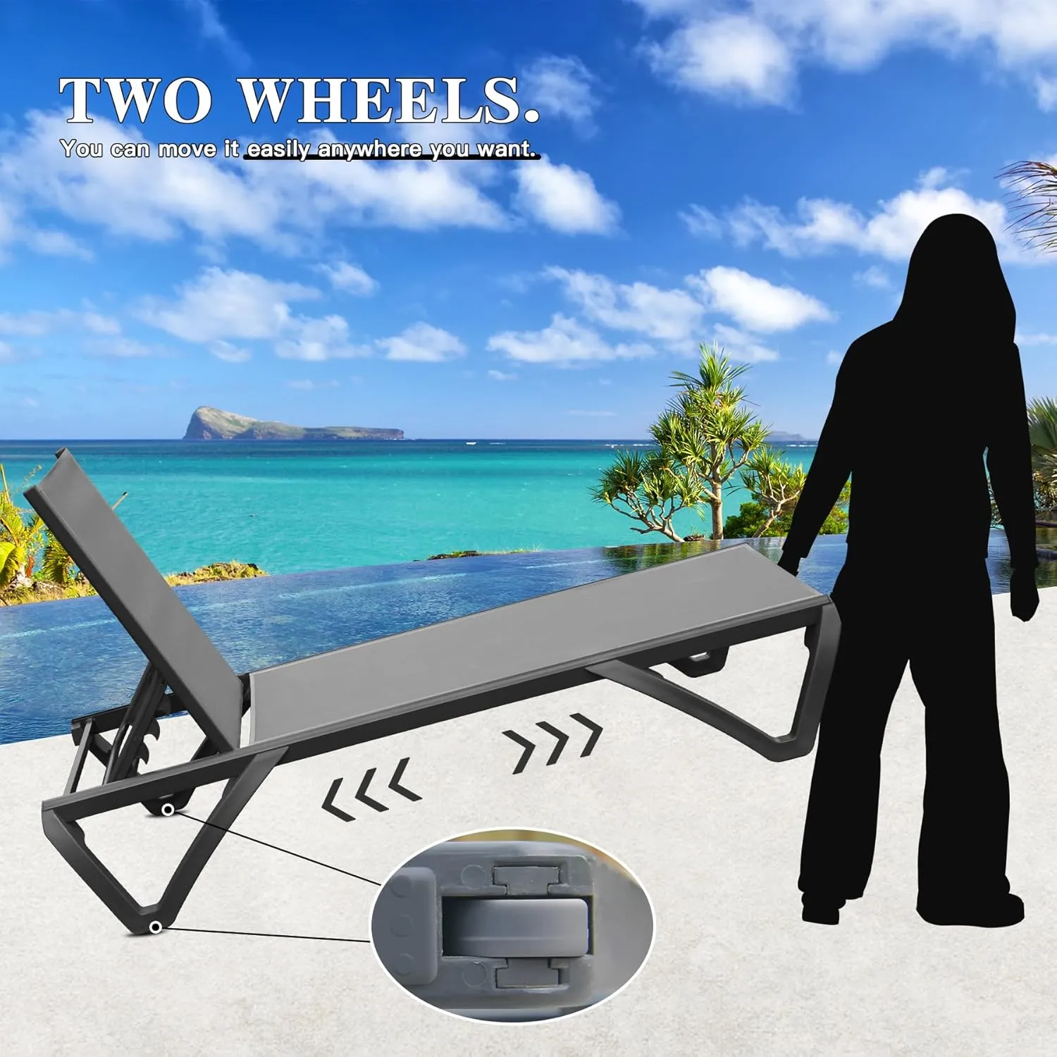 Domi Pool Lounge Chairs Set of 2, Aluminum Adjustable Outdoor Chaise Lounge with Wheels, All Weather Poolside Chairs for Deck Lawn Patio Backyard, Textilene - Gray