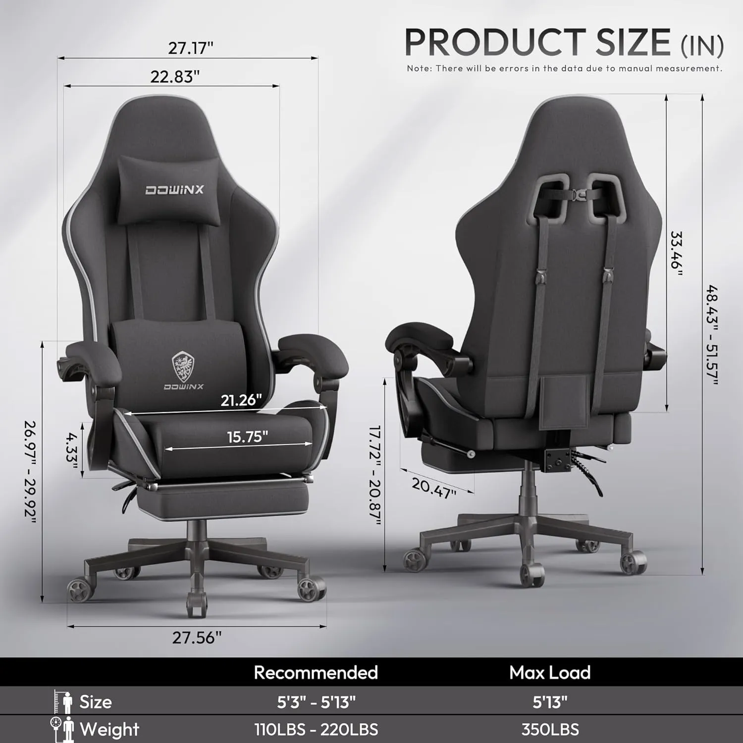 Dowinx Gaming Chair Fabric Big and Tall with Pocket Spring Cushion, Massage Game Chair Cloth with Headrest, Ergonomic Computer Chair with Footrest 350LBS, Black