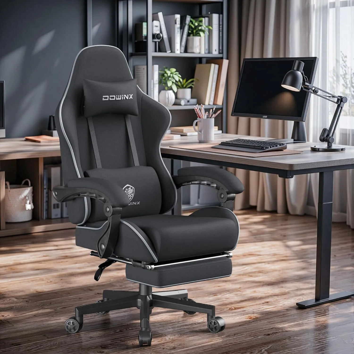 Dowinx Gaming Chair Fabric Big and Tall with Pocket Spring Cushion, Massage Game Chair Cloth with Headrest, Ergonomic Computer Chair with Footrest 350LBS, Black