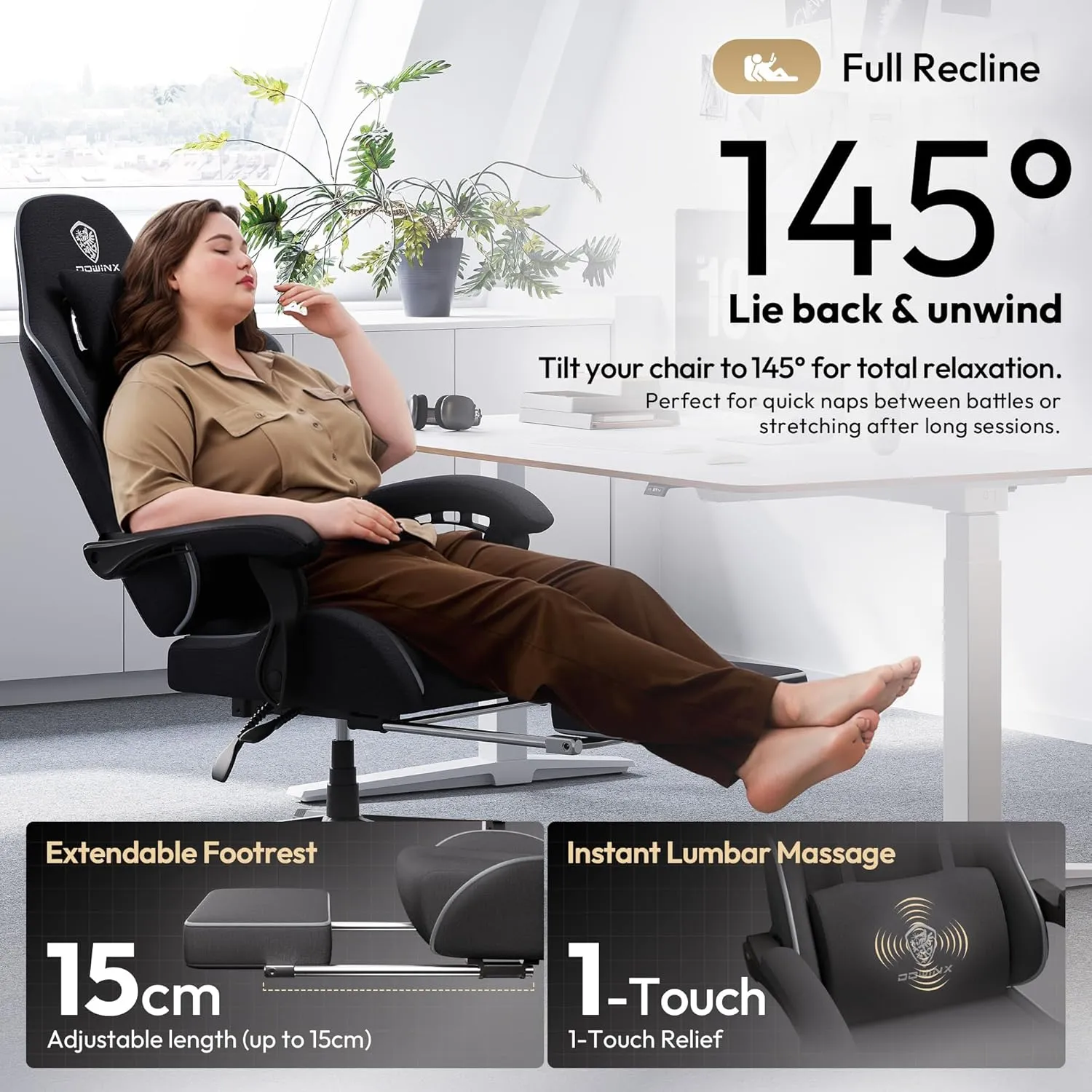 Dowinx Gaming Chair Fabric Big and Tall with Pocket Spring Cushion, Massage Game Chair Cloth with Headrest, Ergonomic Computer Chair with Footrest 350LBS, Black
