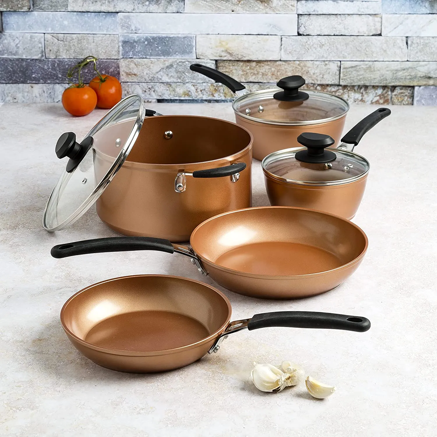 Ecolution Titanium Ceramic Easy Clean Endure Nonstick Cookware Silicone Stay Cool Handle, 8-Piece Set, Copper