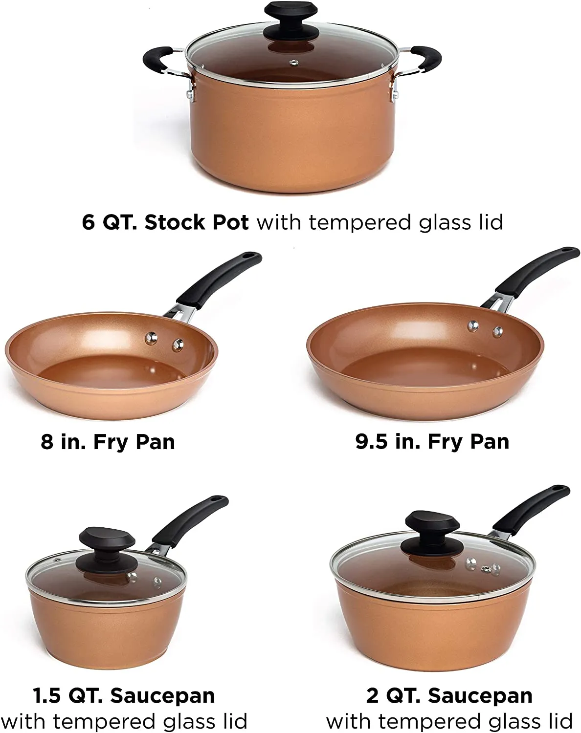 Ecolution Titanium Ceramic Easy Clean Endure Nonstick Cookware Silicone Stay Cool Handle, 8-Piece Set, Copper