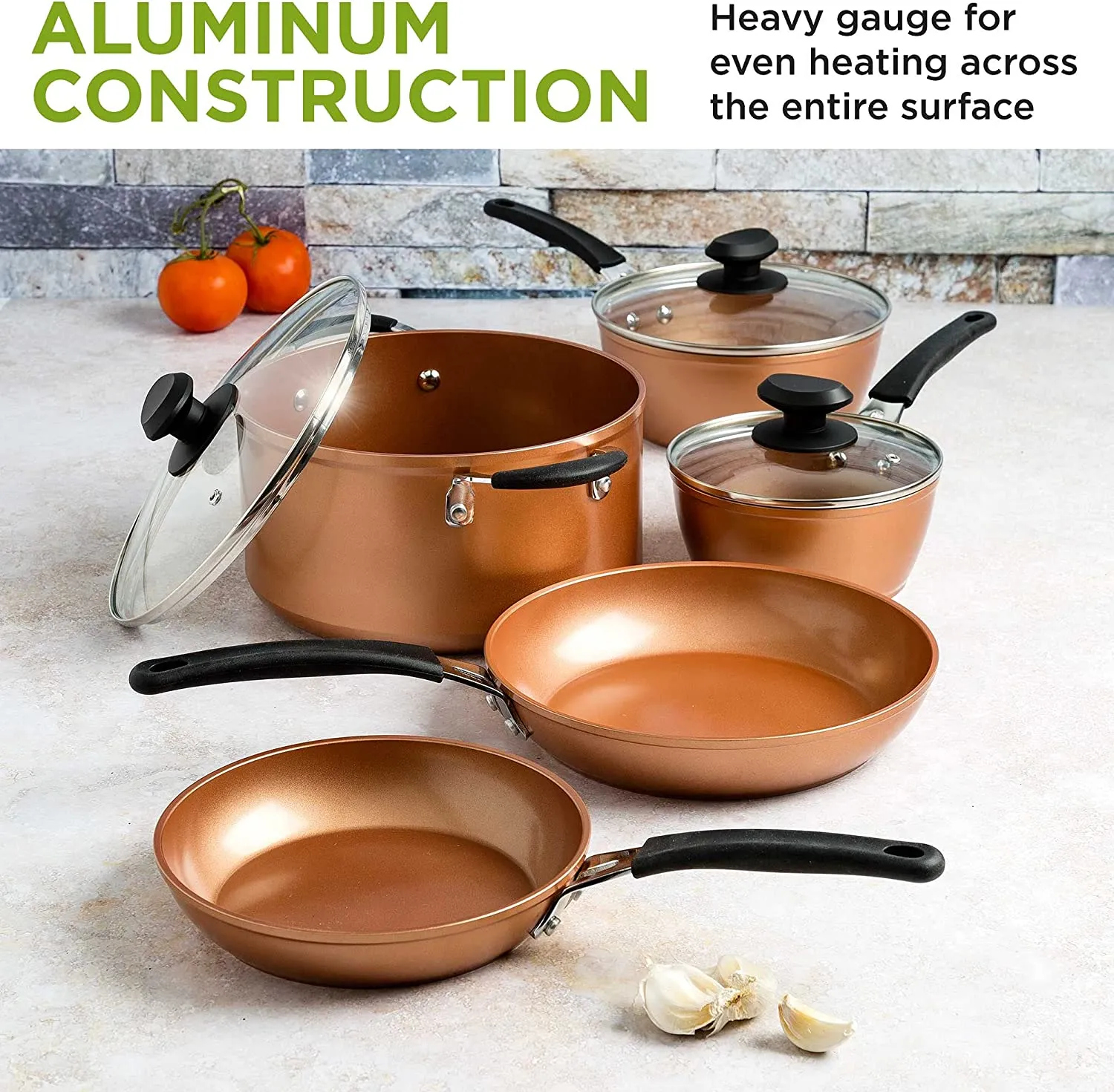 Ecolution Titanium Ceramic Easy Clean Endure Nonstick Cookware Silicone Stay Cool Handle, 8-Piece Set, Copper