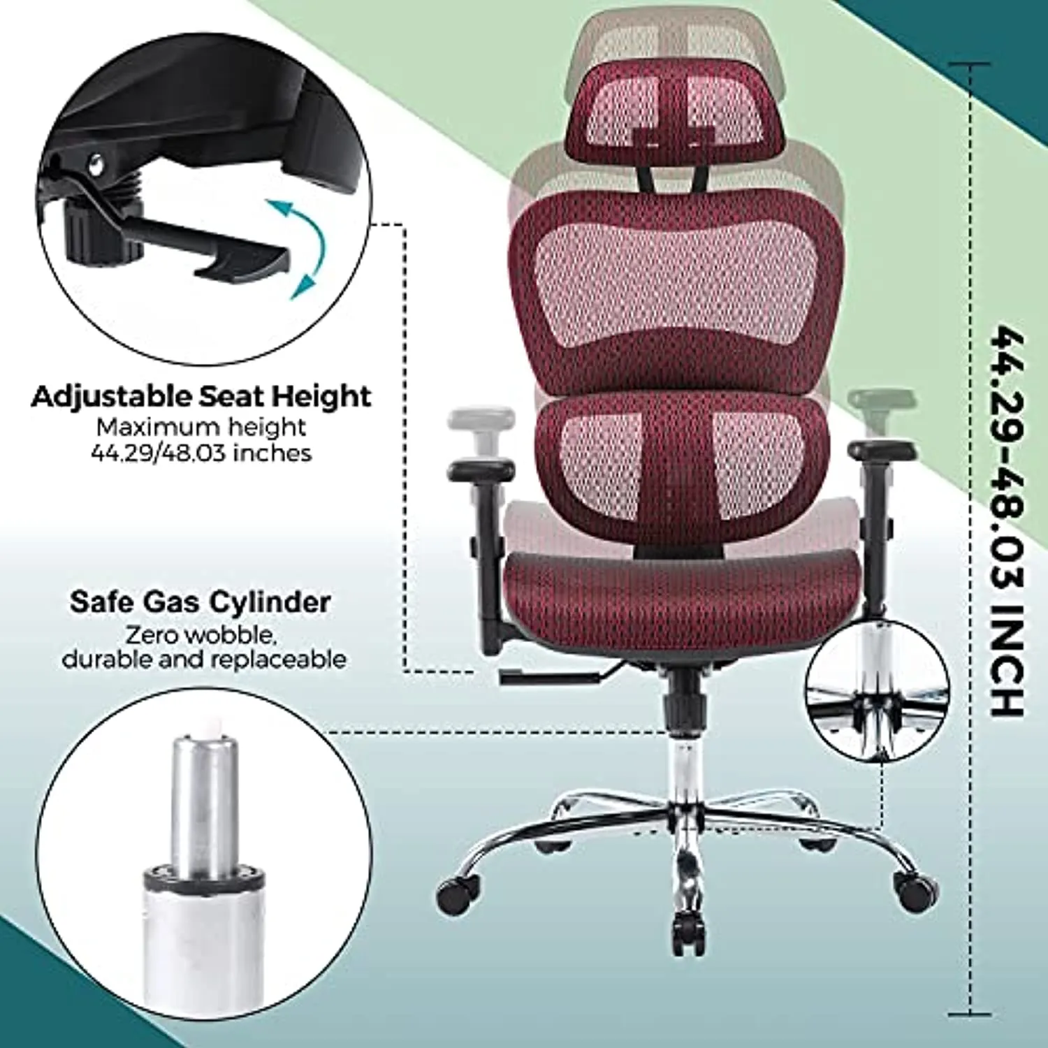 EDX Ergonomic Office Chair, High Back Mesh Chair Computer Desk Chair with Lumbar Support and 3D Adjustable Headrest and Armrests for Home Office, Conference Room, Reception Room, Gaming Room (Burgundy)