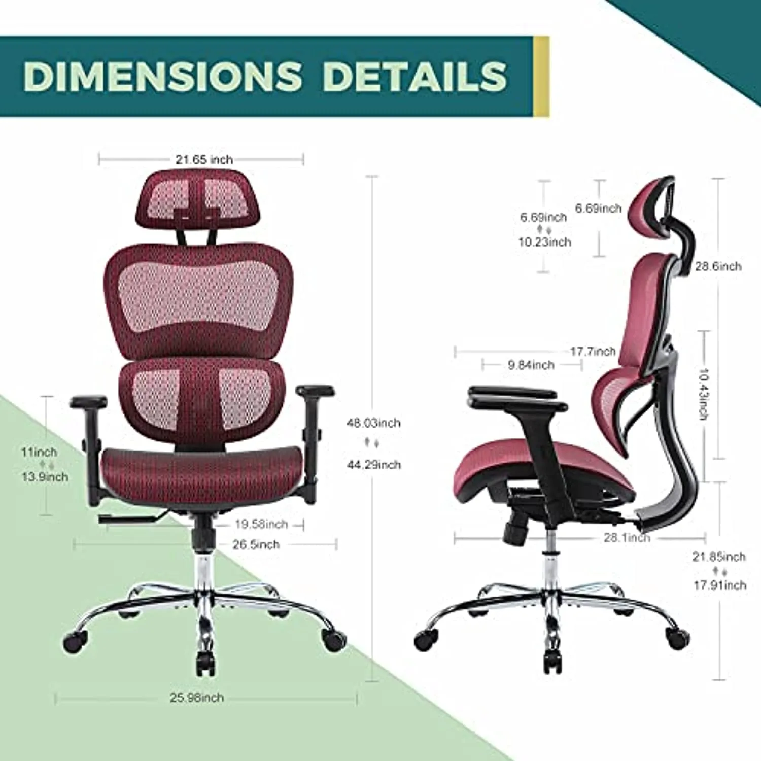 EDX Ergonomic Office Chair, High Back Mesh Chair Computer Desk Chair with Lumbar Support and 3D Adjustable Headrest and Armrests for Home Office, Conference Room, Reception Room, Gaming Room (Burgundy)