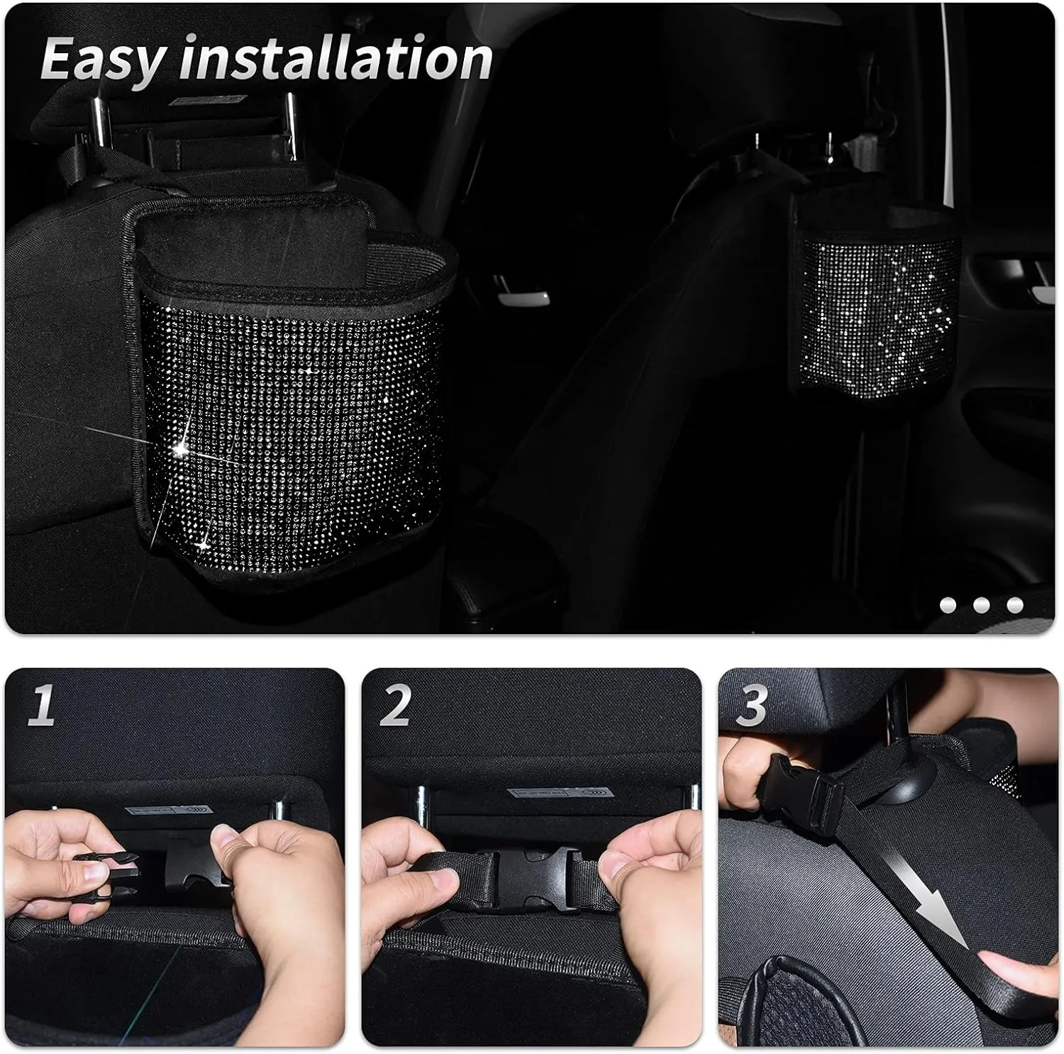 eing Car Seat Organizer Premium Seat Back/Front Seat Travel Caddy Bag, Bling Crystal Car Front Seat Organizer, Pratical Car Garbage Pocket Bin, Diamond Car Accessory (1 - Pack, Black)