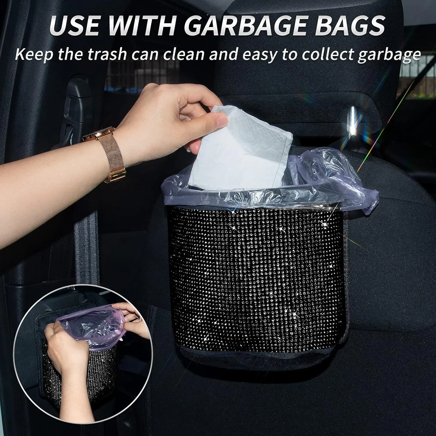 eing Car Seat Organizer Premium Seat Back/Front Seat Travel Caddy Bag, Bling Crystal Car Front Seat Organizer, Pratical Car Garbage Pocket Bin, Diamond Car Accessory (1 - Pack, Black)