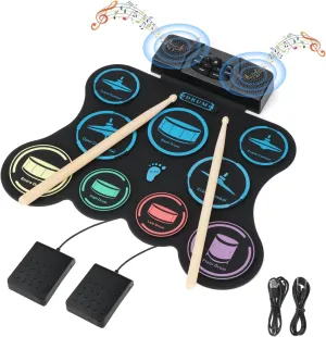 Electric Drum Set, 9 Pads Kids Drum Set, Roll-up Practice Drum Pad with Headphone, MIDI, Built-in Dual Stereo Speakers Drum Sticks Foot Pedals 10 Hours Playtime