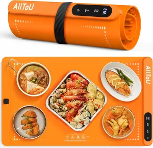 Electric Warming Tray - Full Surface Heating,Rollable & Portable,Premium Silicone Nano-Material,Auto Shut-Off -Versatile Food Warmer for Gatherings,Parties,Everyday Use (Orange Graphene)