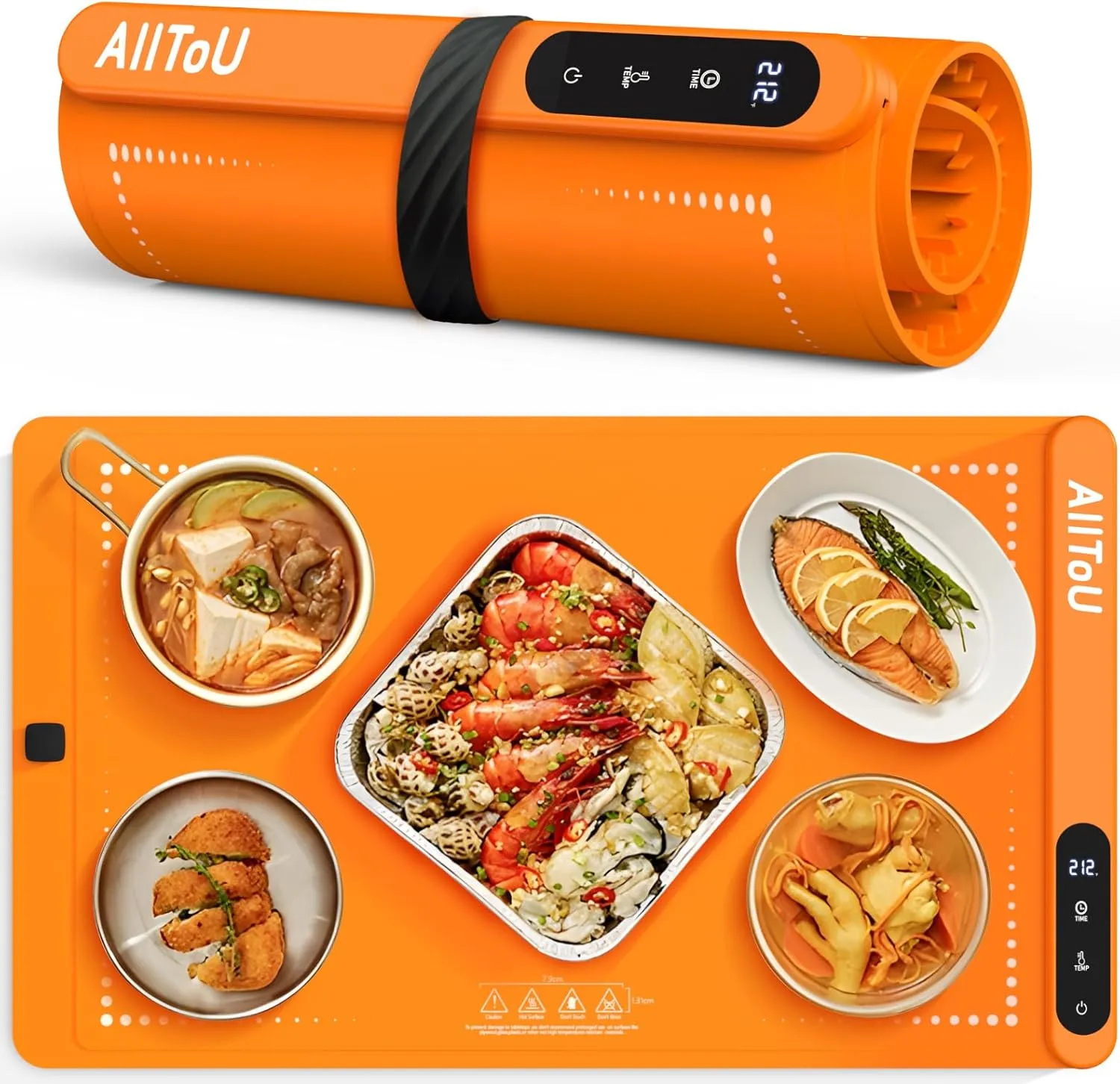 Electric Warming Tray - Full Surface Heating,Rollable & Portable,Premium Silicone Nano-Material,Auto Shut-Off -Versatile Food Warmer for Gatherings,Parties,Everyday Use (Orange Graphene)