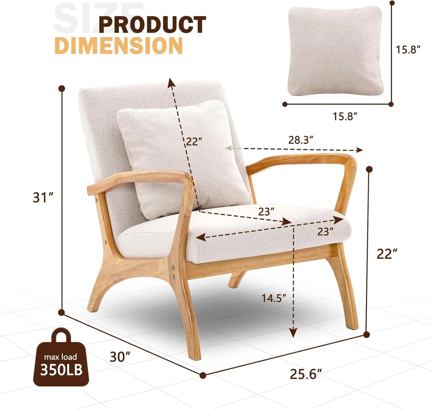 ELUCHANG Accent Chair with Lumbar Pillow,Mid-Century Modern Accent Chair Armchair, Linen Fabric Comfy Reading Chair Lounge Side Chair for Living Room Bedroom Apartment,Easy Assembly(Beige2)