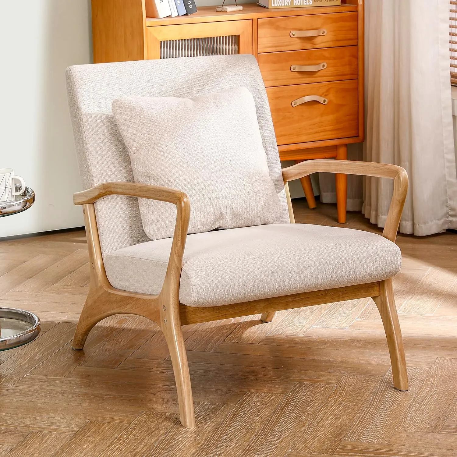ELUCHANG Accent Chair with Lumbar Pillow,Mid-Century Modern Accent Chair Armchair, Linen Fabric Comfy Reading Chair Lounge Side Chair for Living Room Bedroom Apartment,Easy Assembly(Beige2)