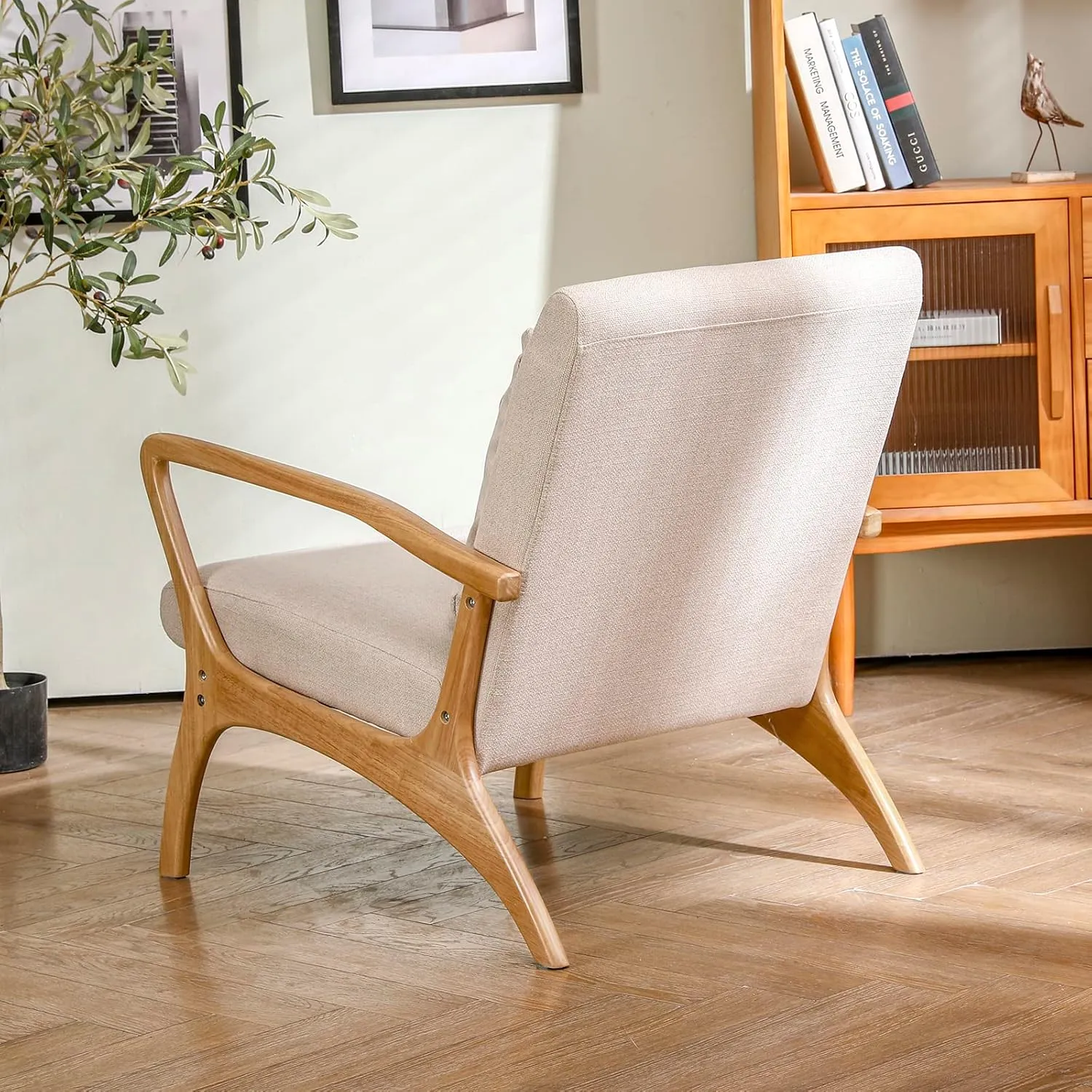 ELUCHANG Accent Chair with Lumbar Pillow,Mid-Century Modern Accent Chair Armchair, Linen Fabric Comfy Reading Chair Lounge Side Chair for Living Room Bedroom Apartment,Easy Assembly(Beige2)