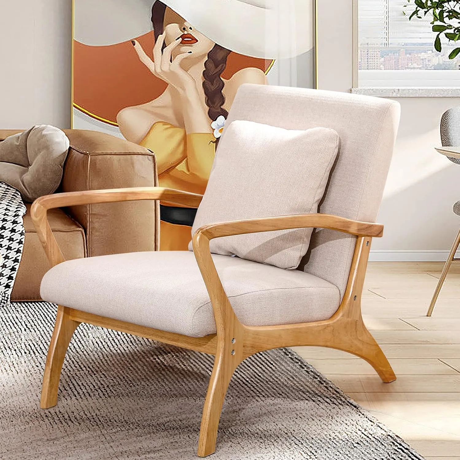 ELUCHANG Accent Chair with Lumbar Pillow,Mid-Century Modern Accent Chair Armchair, Linen Fabric Comfy Reading Chair Lounge Side Chair for Living Room Bedroom Apartment,Easy Assembly(Beige2)