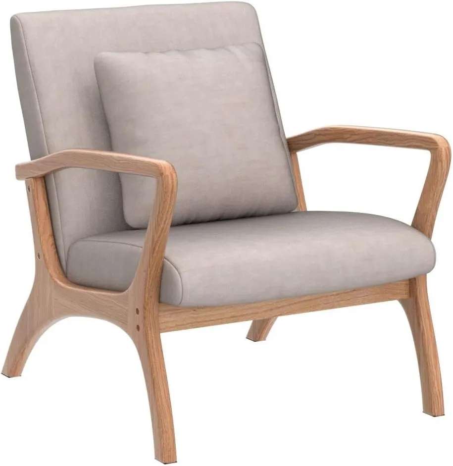 ELUCHANG Accent Chair with Lumbar Pillow,Mid-Century Modern Accent Chair Armchair, Linen Fabric Comfy Reading Chair Lounge Side Chair for Living Room Bedroom Apartment,Easy Assembly(Beige2)