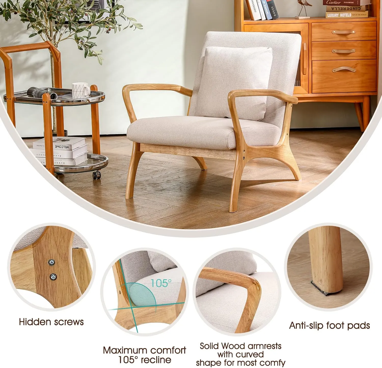 ELUCHANG Accent Chair with Lumbar Pillow,Mid-Century Modern Accent Chair Armchair, Linen Fabric Comfy Reading Chair Lounge Side Chair for Living Room Bedroom Apartment,Easy Assembly(Beige2)
