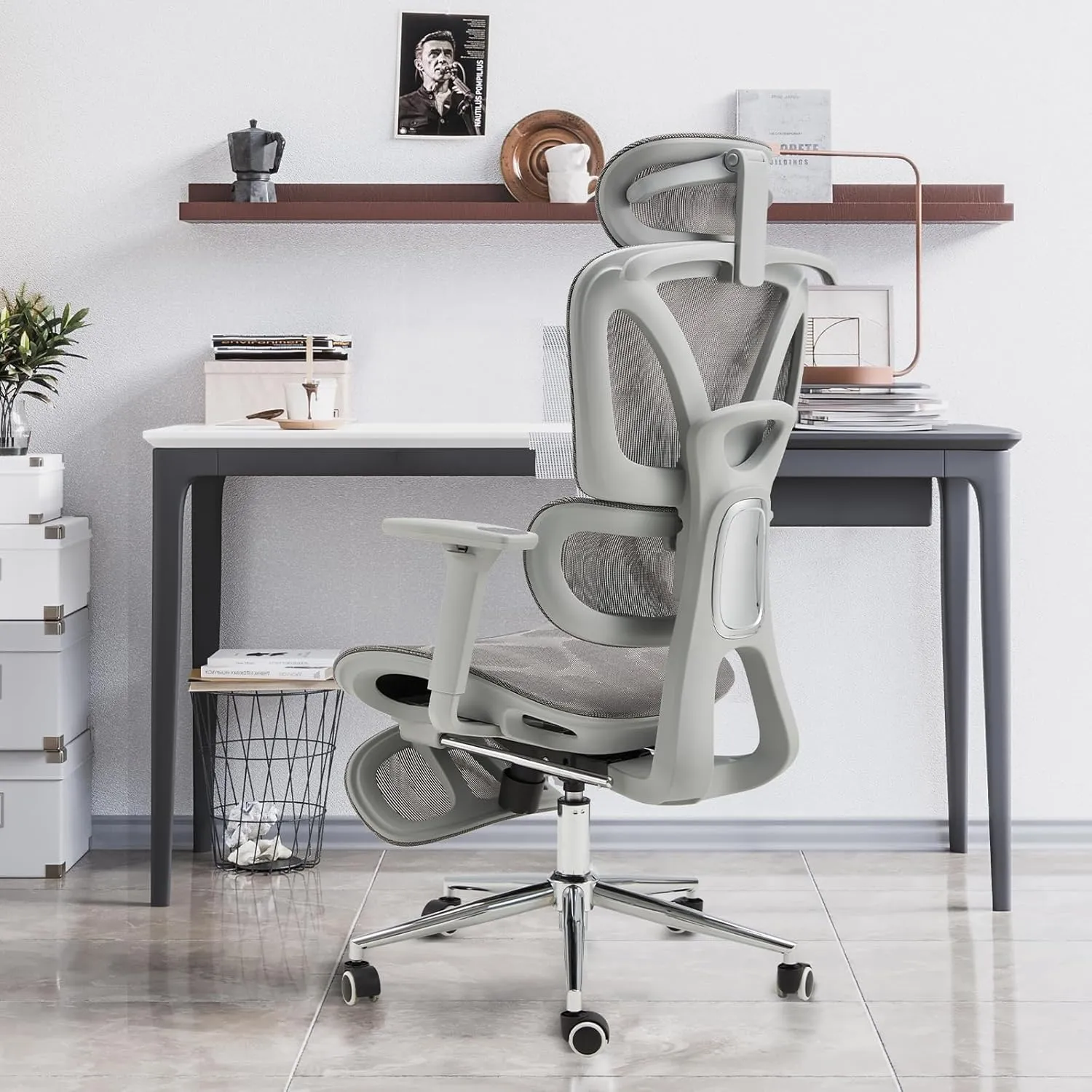 Ergonomic Mesh Office Chair with Foot Rest, Big and Tall Computer Chair with 3D Adjustable Headrest and 4D Armrest, 350 LBS Capacity Reclining Wide Home Office Desk Chairs
