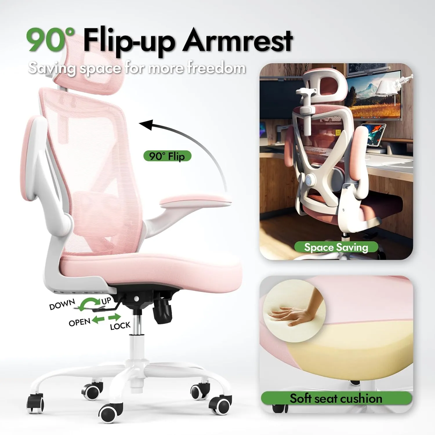 Ergonomic Office Chair - X-Shaped Computer Desk Chair Comfy, Gaming Chair, Office Chair with Lumbar Support, Mesh Office Chairs with Headrests, Desk Chair for Long Hours (Pink)