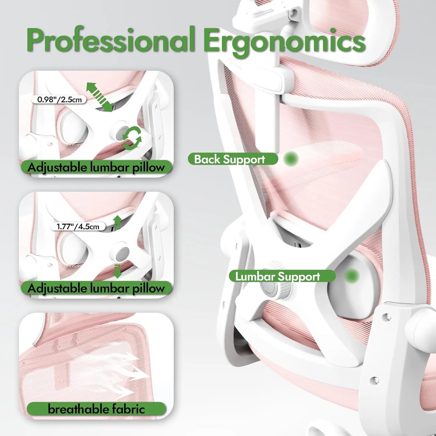 Ergonomic Office Chair - X-Shaped Computer Desk Chair Comfy, Gaming Chair, Office Chair with Lumbar Support, Mesh Office Chairs with Headrests, Desk Chair for Long Hours (Pink)
