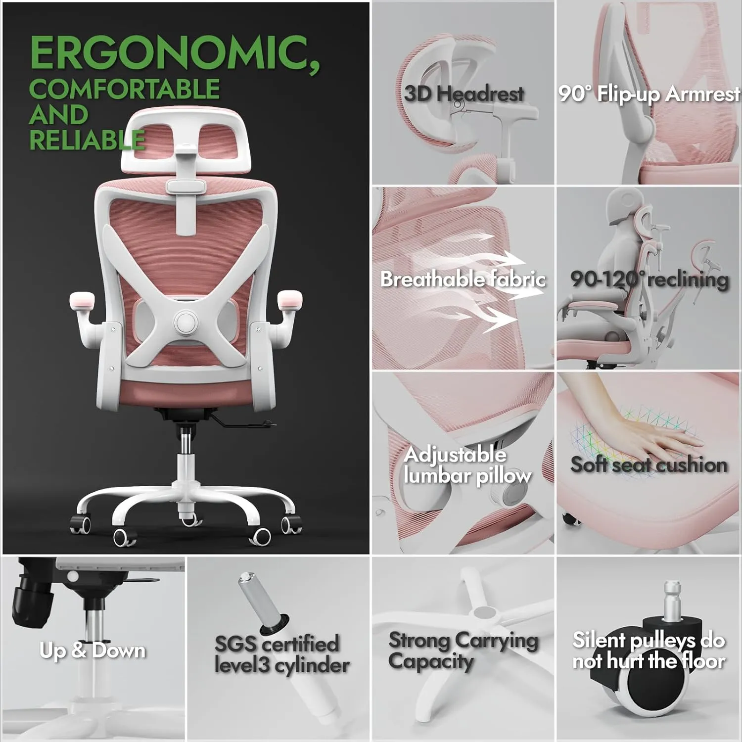 Ergonomic Office Chair - X-Shaped Computer Desk Chair Comfy, Gaming Chair, Office Chair with Lumbar Support, Mesh Office Chairs with Headrests, Desk Chair for Long Hours (Pink)