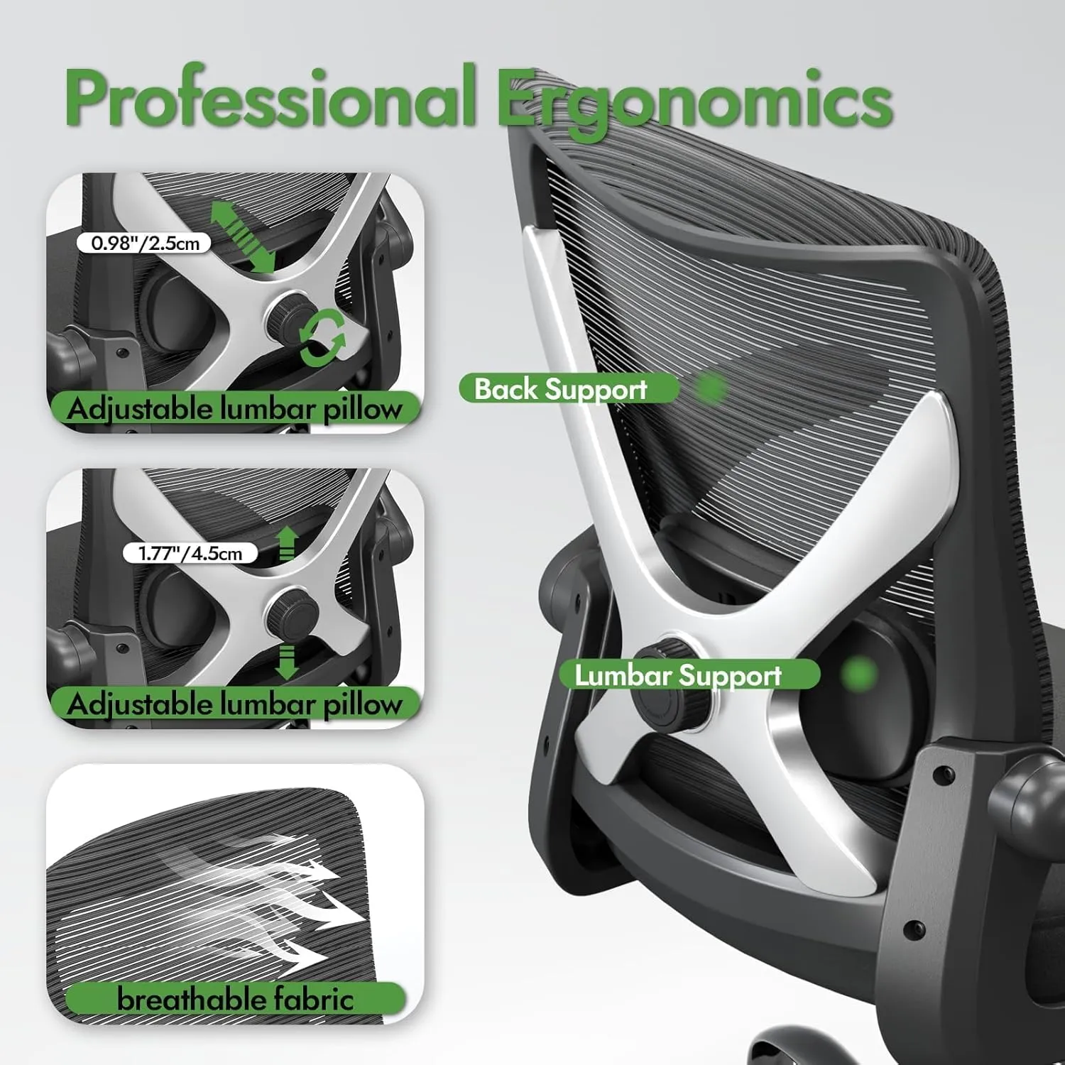 Ergonomic Office Chair - X-Shaped Computer Desk Chairs Comfy, Mesh High-Back Gaming Chair with Adjustable Lumbar Support, Executive Task Chair for Adults, Comfortable for Long Hours