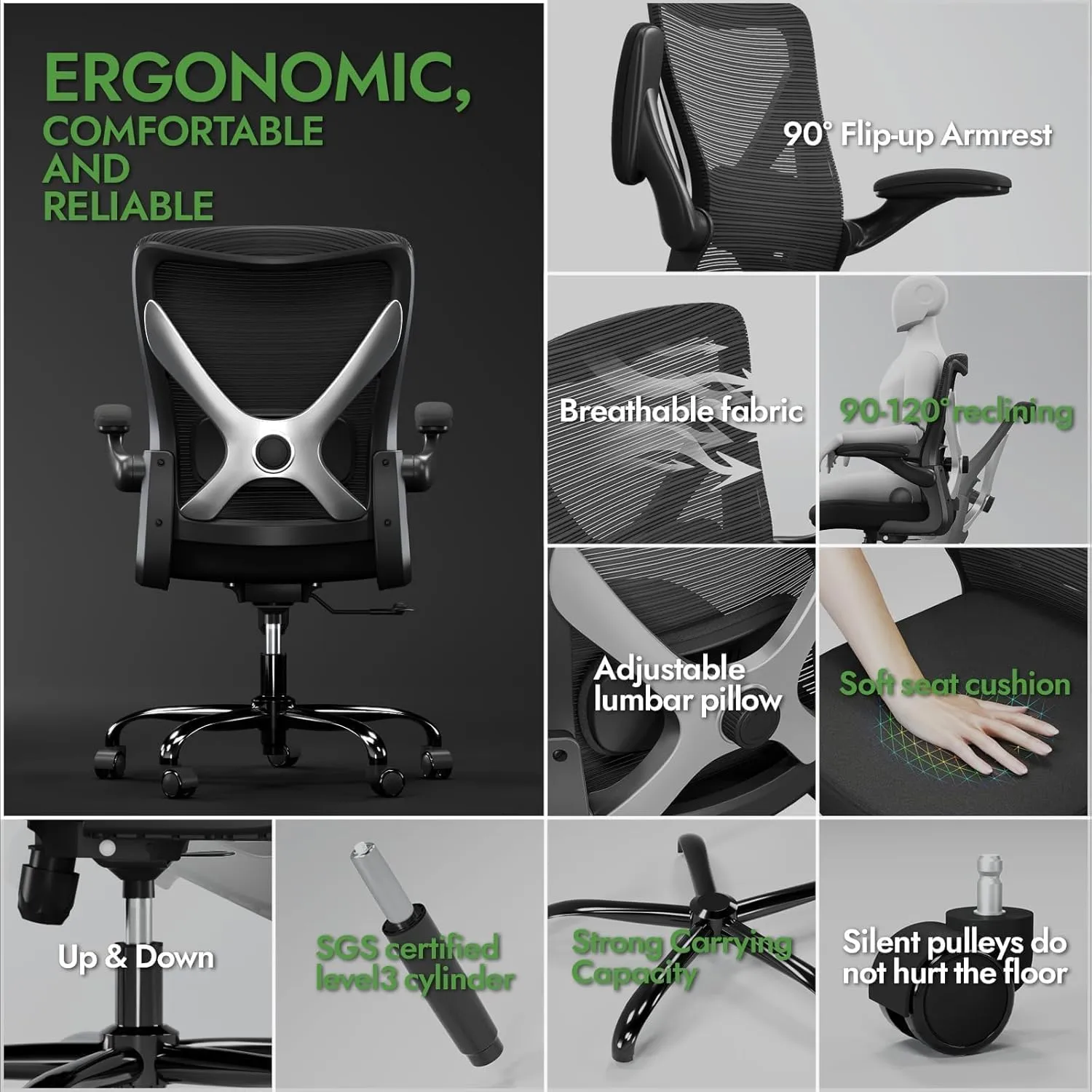 Ergonomic Office Chair - X-Shaped Computer Desk Chairs Comfy, Mesh High-Back Gaming Chair with Adjustable Lumbar Support, Executive Task Chair for Adults, Comfortable for Long Hours