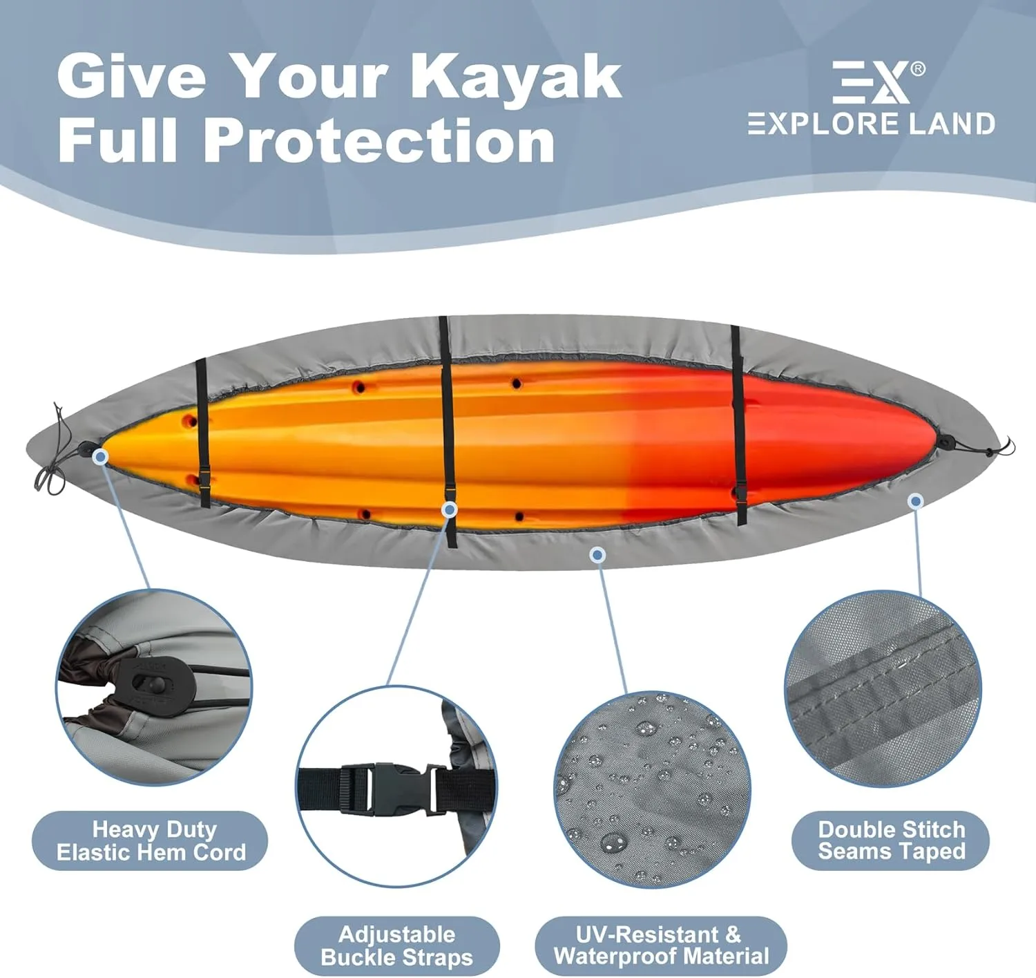 Explore Land Waterproof Kayak Cover - Fade Resistiant 600D Heavy Duty Canoe Dust Storage Cover Suitable for 12.3-13.5ft Kayak, Grey